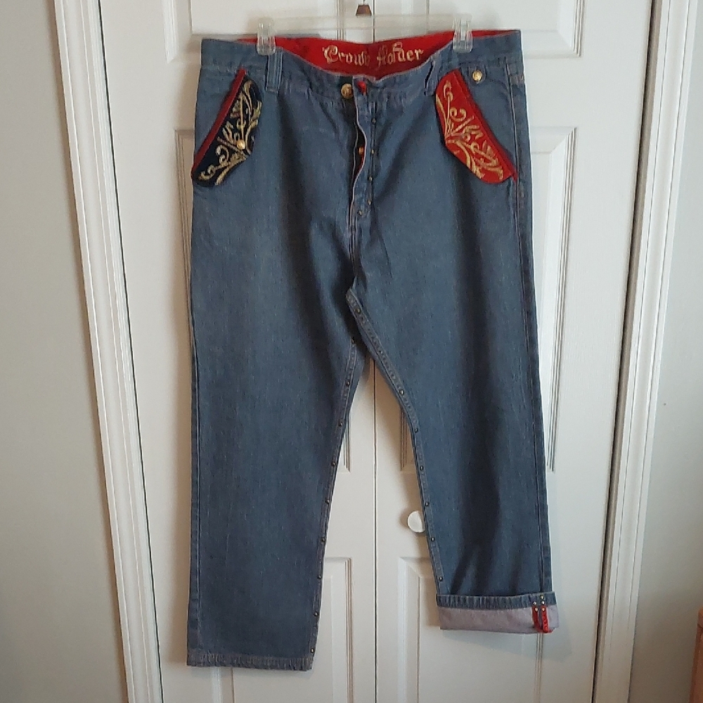 Men's Blue Denim Jeans with Red Accent